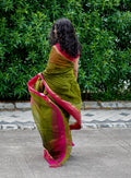 Aalta - Olive Green Maheshwari Handloom Saree with Rani Pink border